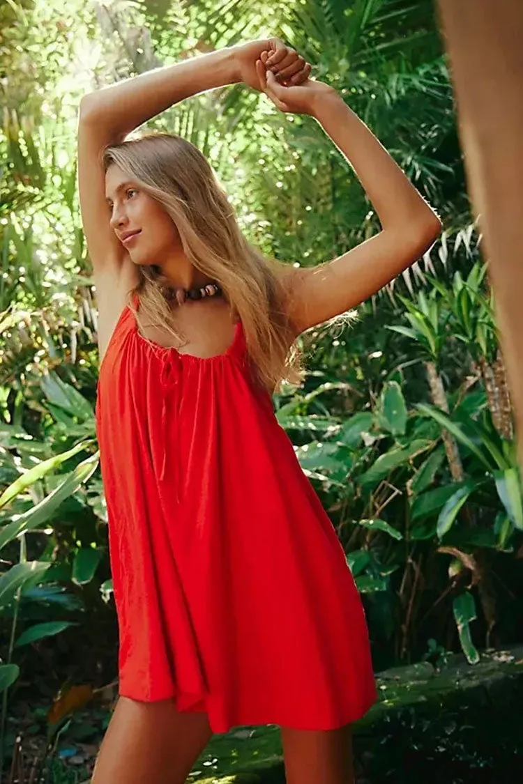 Breezy Ruched Bow Tie Scoop Neck Cami Sleeveless Summer Mini Sundress