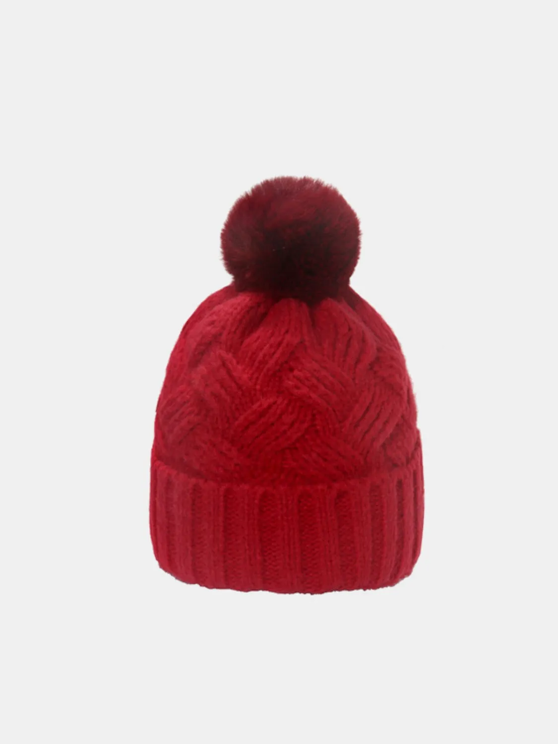 Cable-Knit Hat with Roll Rim and Pompom