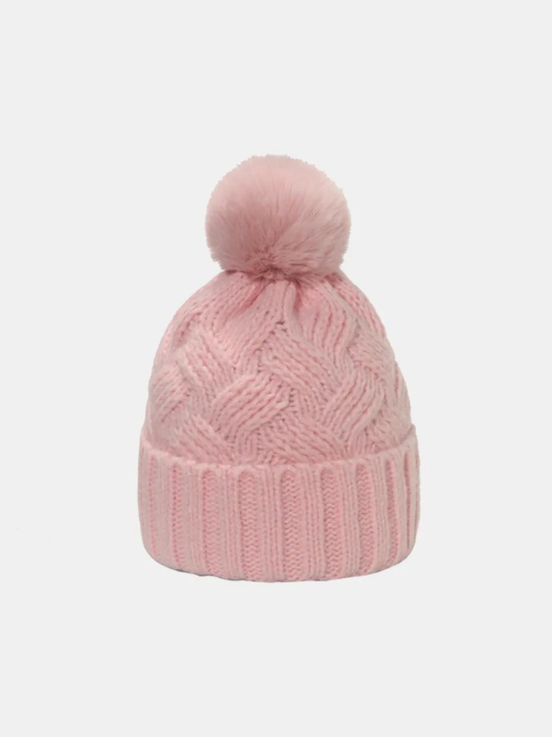 Cable-Knit Hat with Roll Rim and Pompom