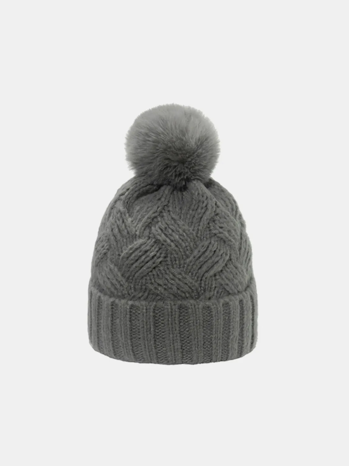 Cable-Knit Hat with Roll Rim and Pompom