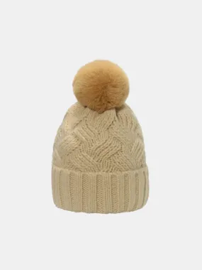 Cable-Knit Hat with Roll Rim and Pompom