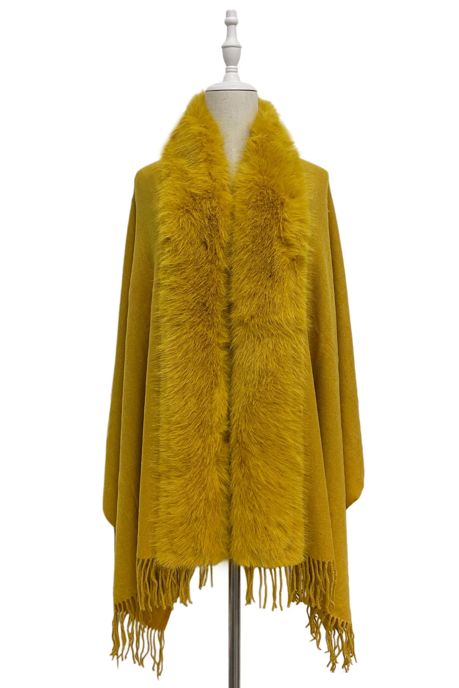 Cosy Faux Fur Trim Tasselled Shawl