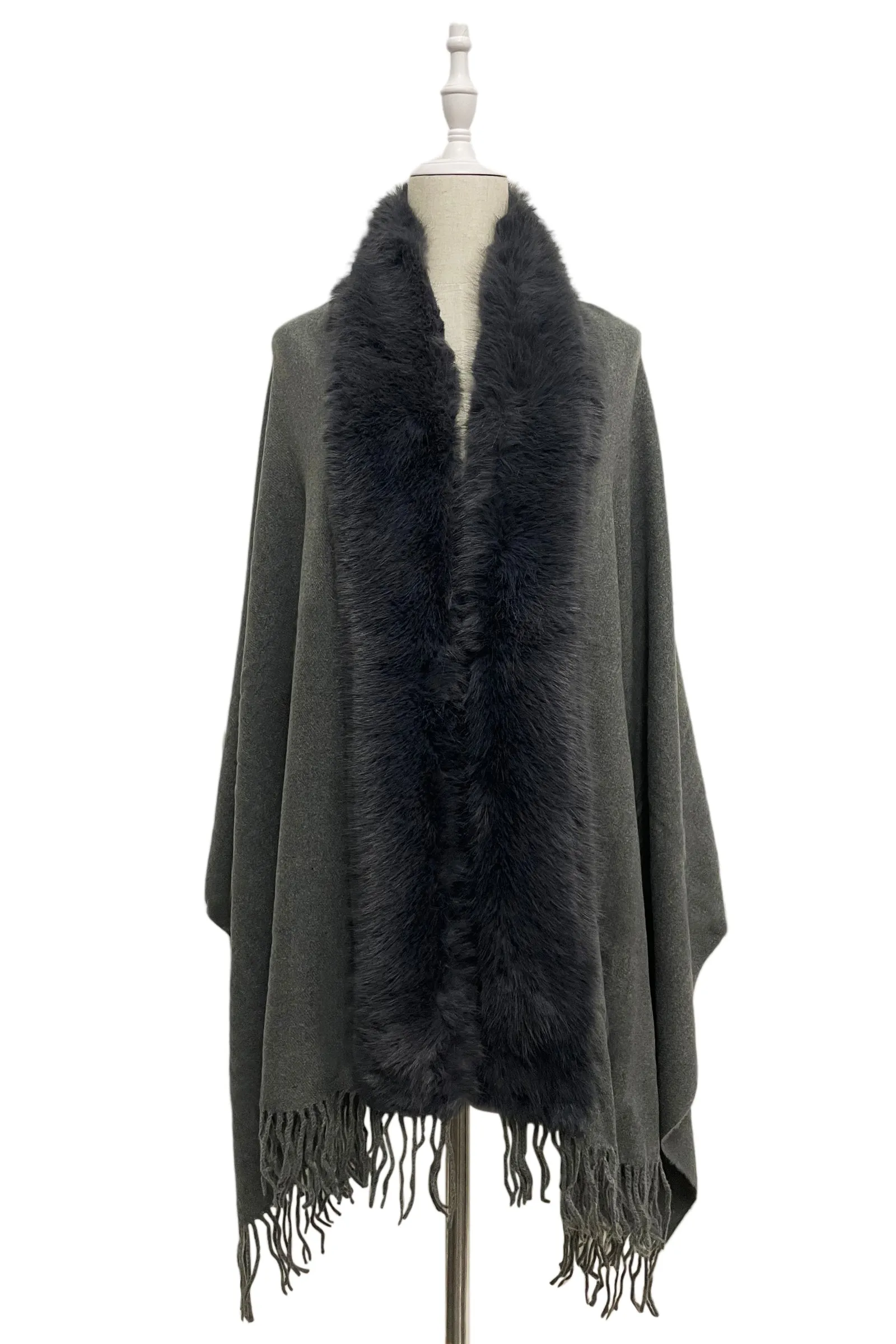 Cosy Faux Fur Trim Tasselled Shawl