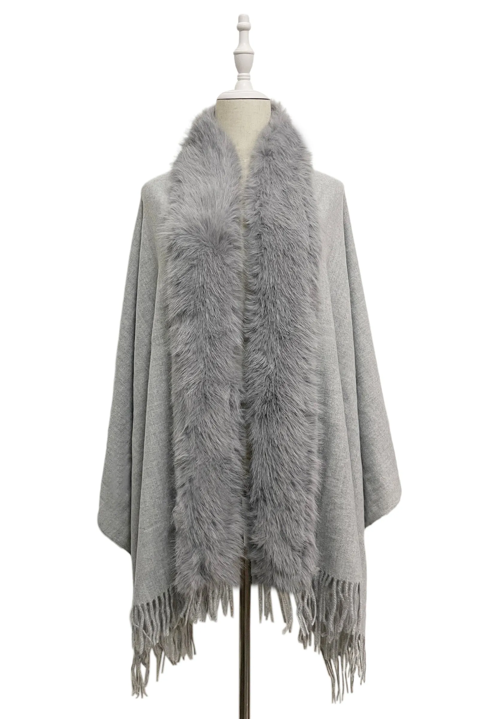 Cosy Faux Fur Trim Tasselled Shawl