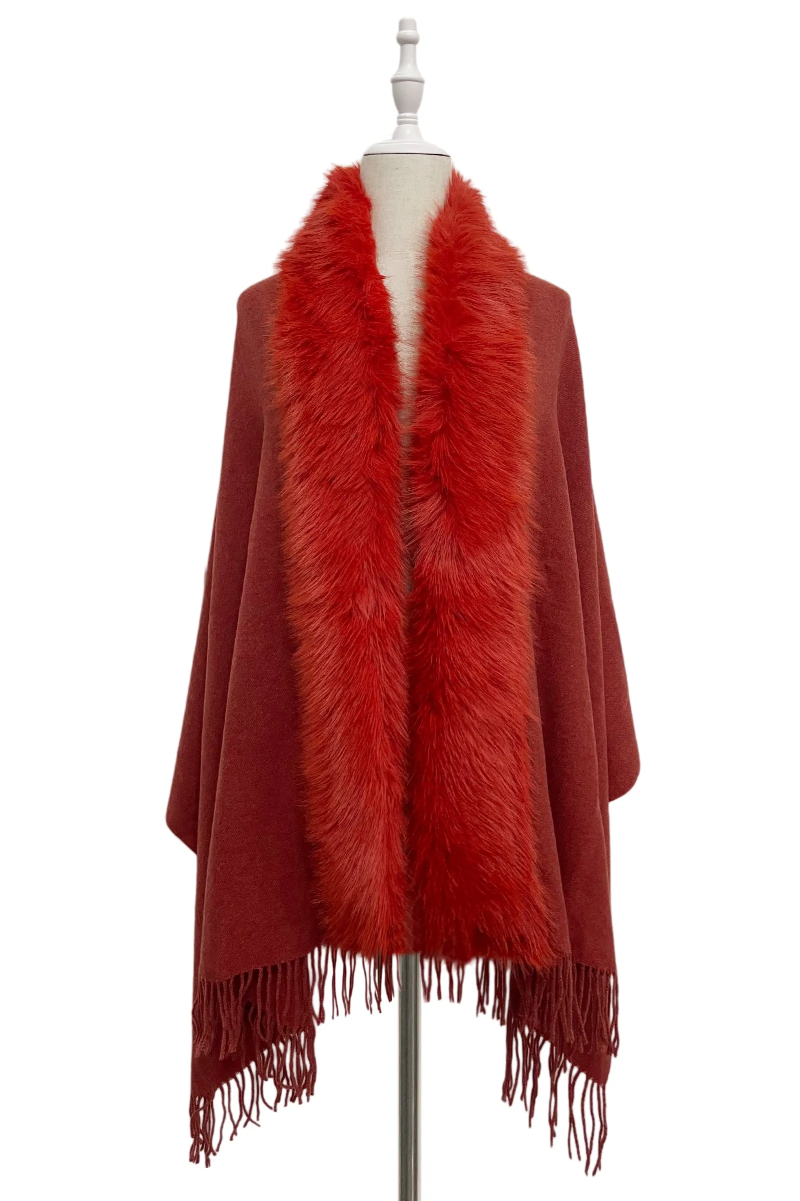 Cosy Faux Fur Trim Tasselled Shawl