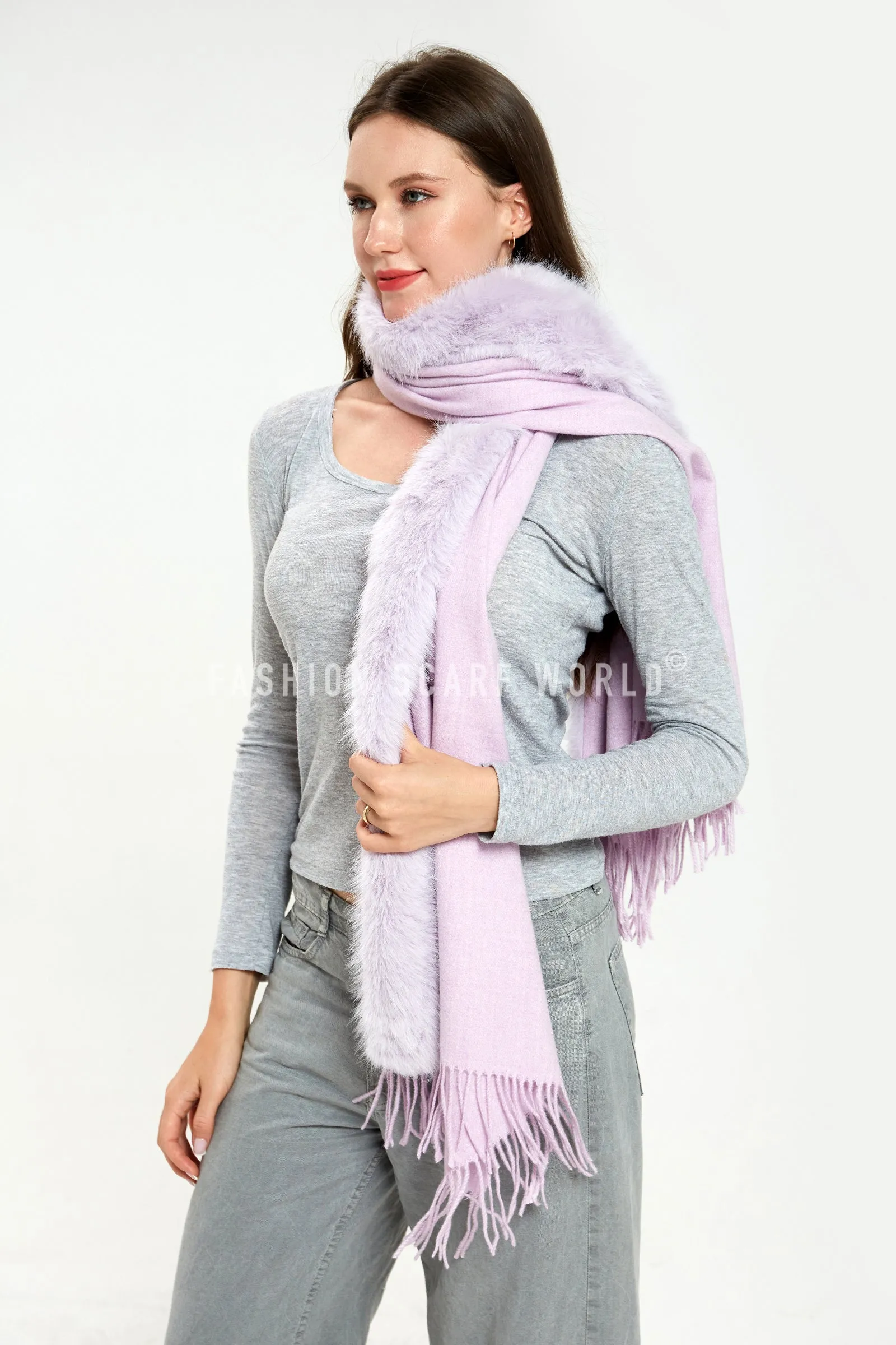 Cosy Faux Fur Trim Tasselled Shawl