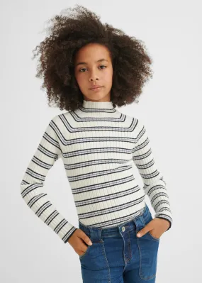 Cream Navy Ribbed high neck