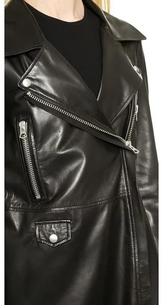 Dilo Black Leather Long Trench Coat Women Outfit with Belt