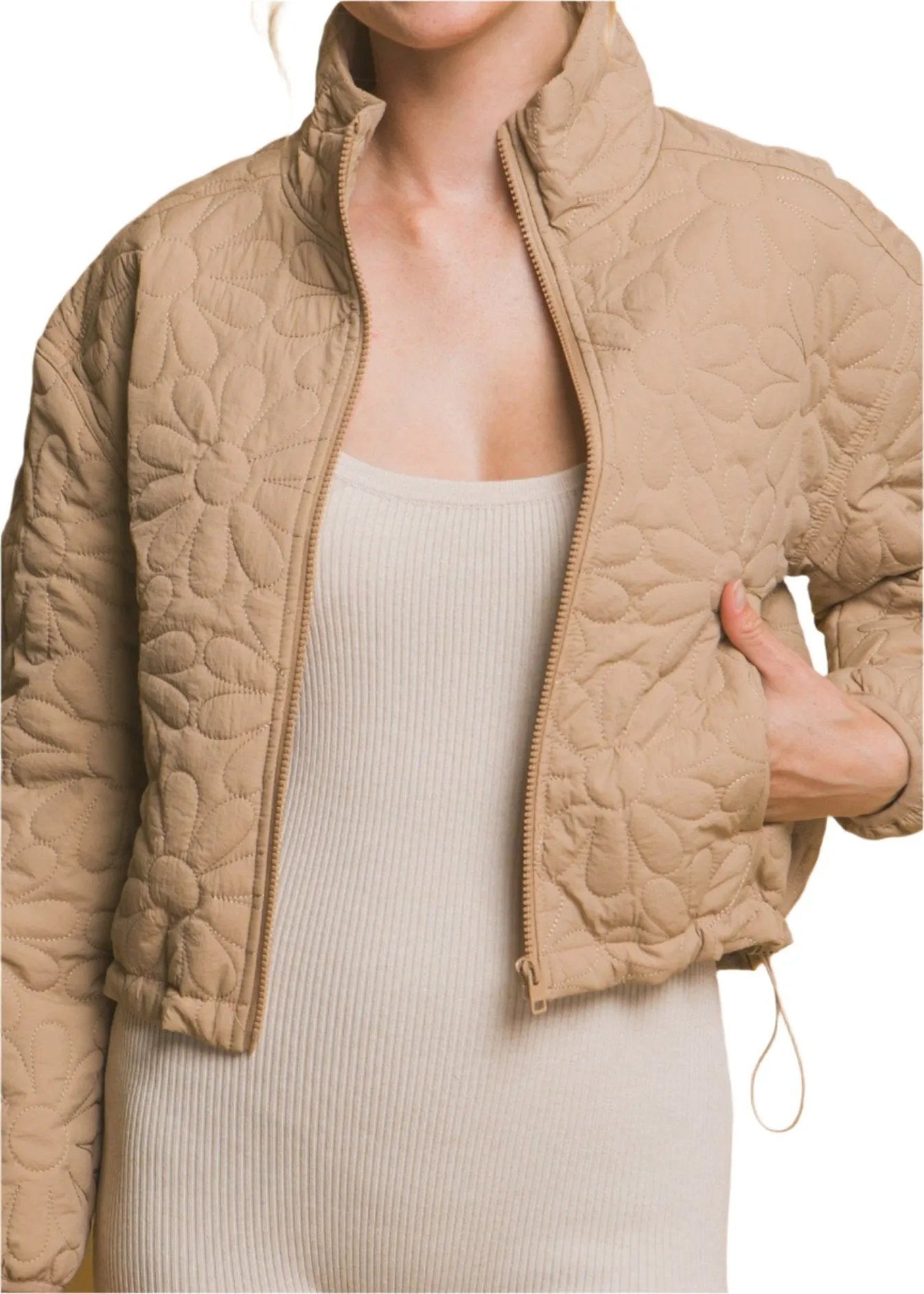 Fall Sunset Floral Quilted Zip-Up Jacket Khaki