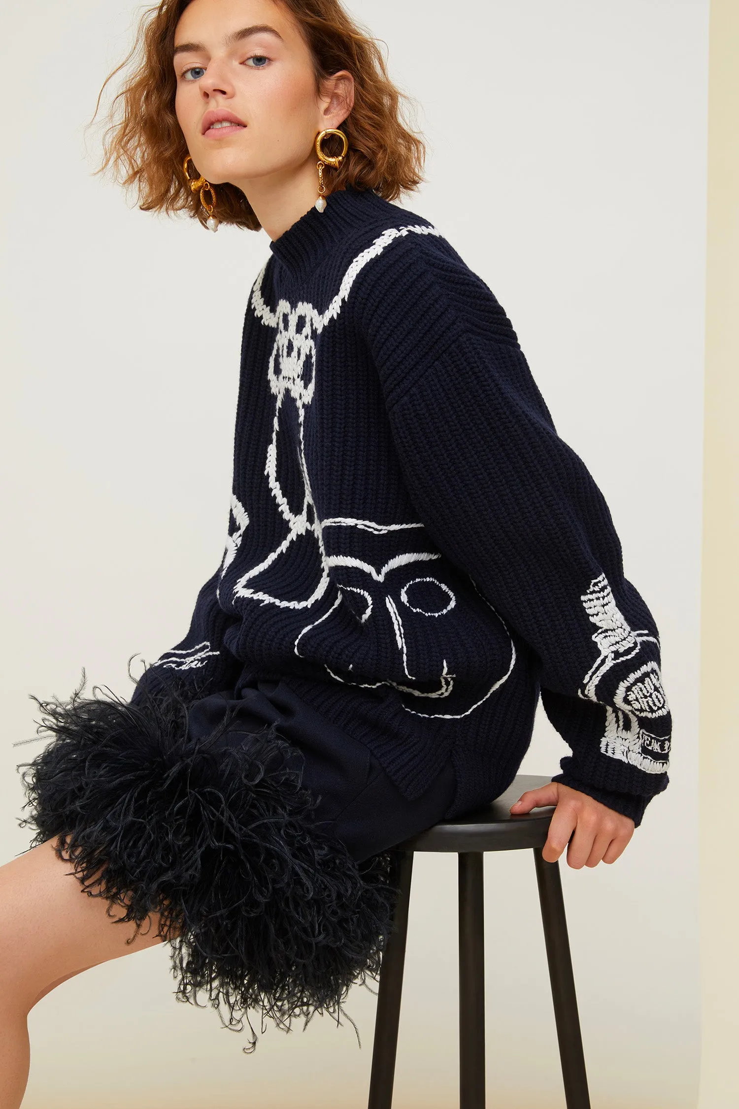 Feather-embellished pleated skirt