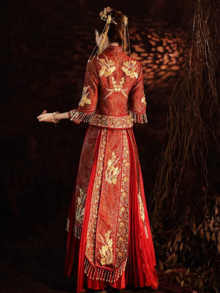 Floral Embroidery Double Sleeves Traditional Chinese Wedding Suit with Tassels