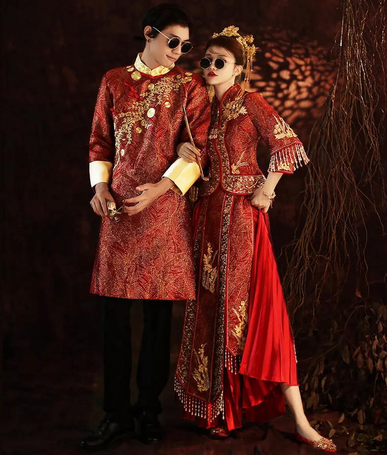 Floral Embroidery Double Sleeves Traditional Chinese Wedding Suit with Tassels