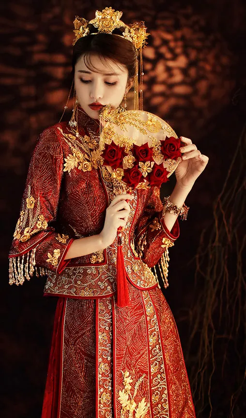 Floral Embroidery Double Sleeves Traditional Chinese Wedding Suit with Tassels