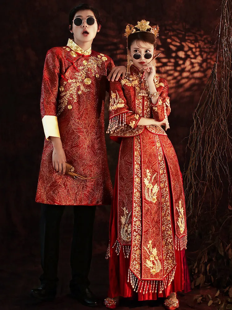 Floral Embroidery Double Sleeves Traditional Chinese Wedding Suit with Tassels