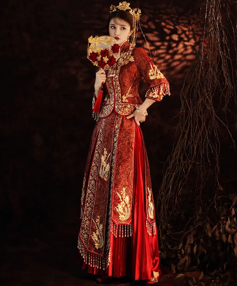 Floral Embroidery Double Sleeves Traditional Chinese Wedding Suit with Tassels