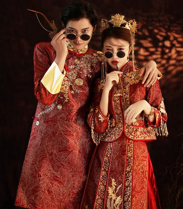 Floral Embroidery Double Sleeves Traditional Chinese Wedding Suit with Tassels