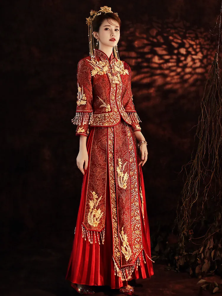 Floral Embroidery Double Sleeves Traditional Chinese Wedding Suit with Tassels