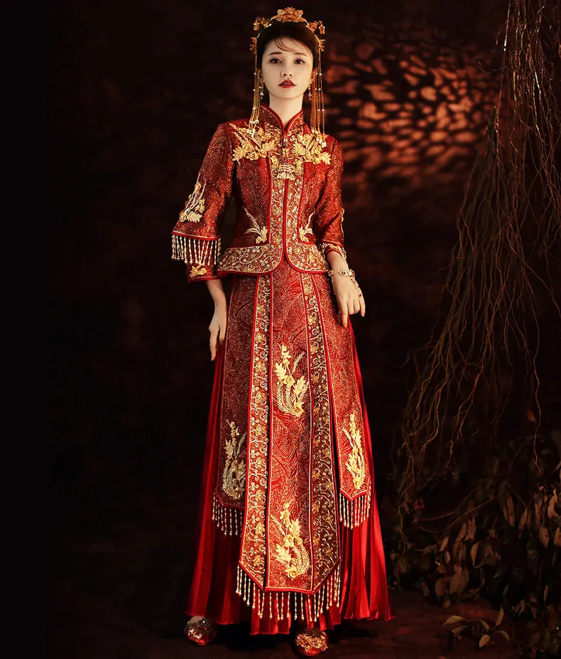 Floral Embroidery Double Sleeves Traditional Chinese Wedding Suit with Tassels