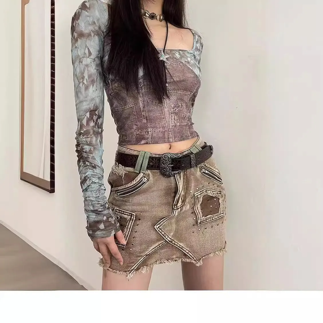 Girlary mall goth dress to impress Women's Clothing 2024 Summer New Design Hot Bead Denim Ripped Short Skirt