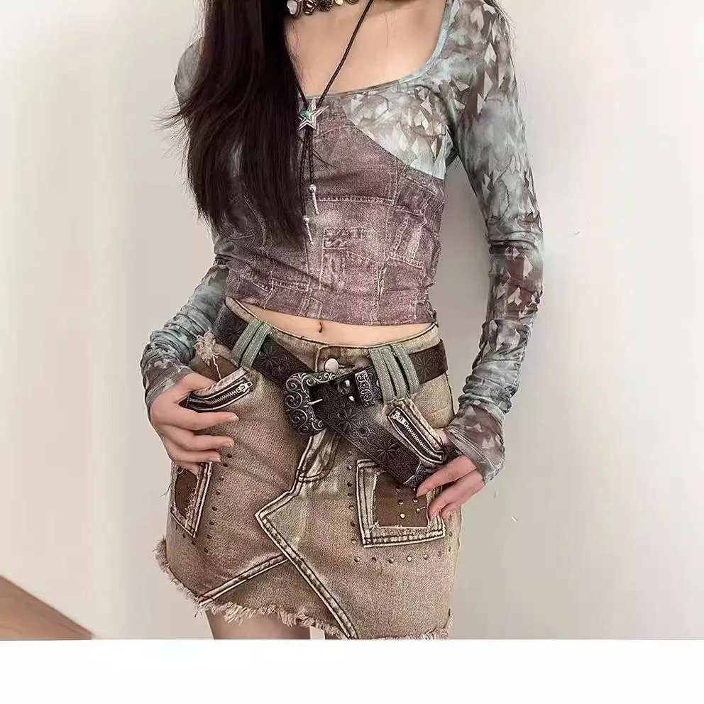 Girlary mall goth dress to impress Women's Clothing 2024 Summer New Design Hot Bead Denim Ripped Short Skirt