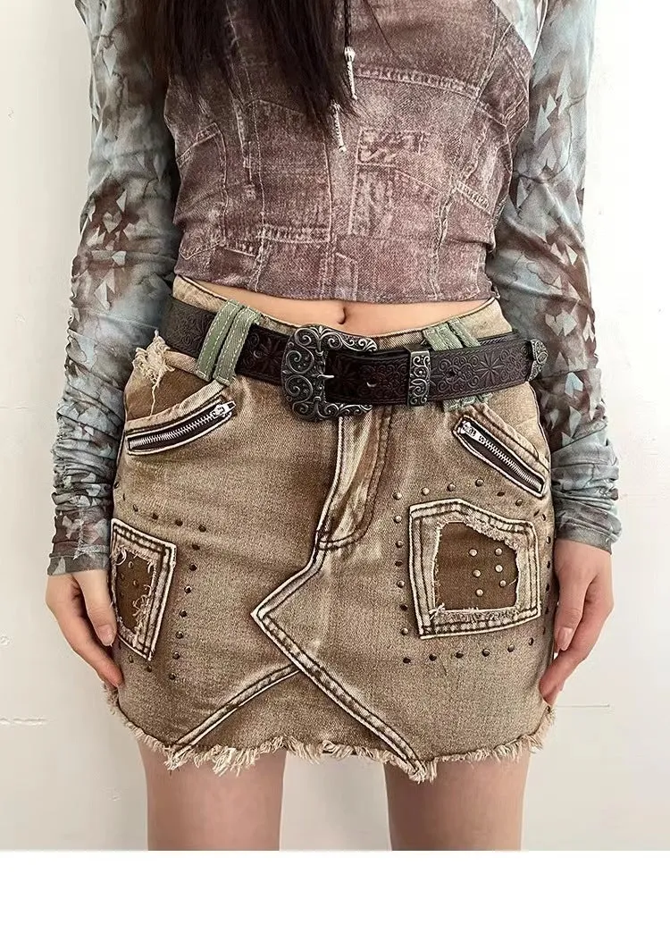 Girlary mall goth dress to impress Women's Clothing 2024 Summer New Design Hot Bead Denim Ripped Short Skirt