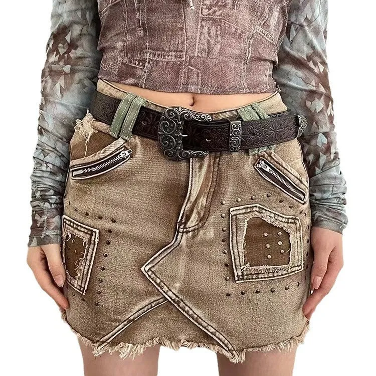Girlary mall goth dress to impress Women's Clothing 2024 Summer New Design Hot Bead Denim Ripped Short Skirt