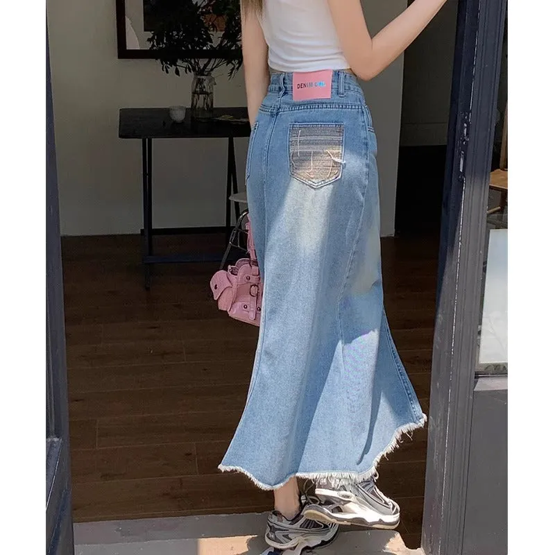 Girlary-shop 2000s fashion High Waist Denim Fishtail Skirt for Women 2024 Spring plus Size Loose Slimming Frayed Fat Girl A- line Half-Length