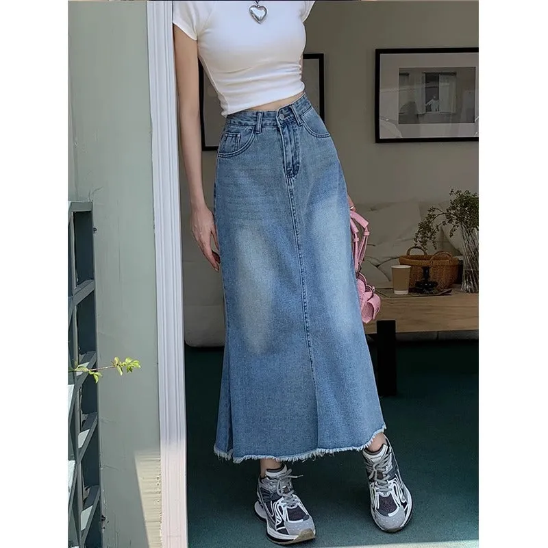 Girlary-shop 2000s fashion High Waist Denim Fishtail Skirt for Women 2024 Spring plus Size Loose Slimming Frayed Fat Girl A- line Half-Length