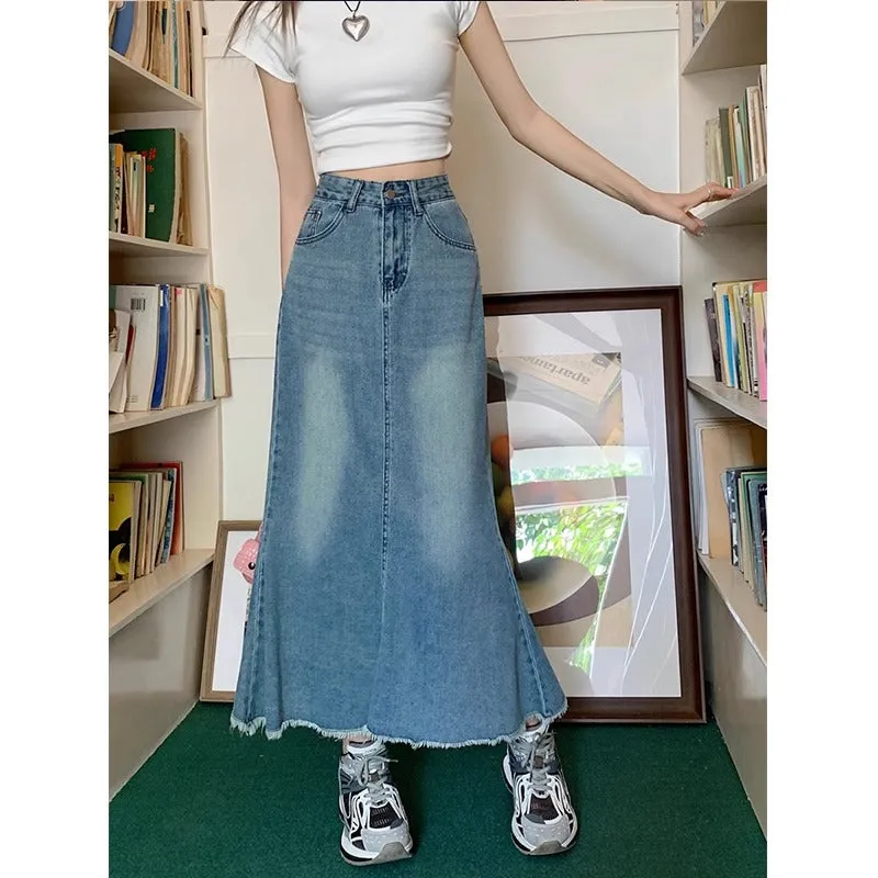 Girlary-shop 2000s fashion High Waist Denim Fishtail Skirt for Women 2024 Spring plus Size Loose Slimming Frayed Fat Girl A- line Half-Length