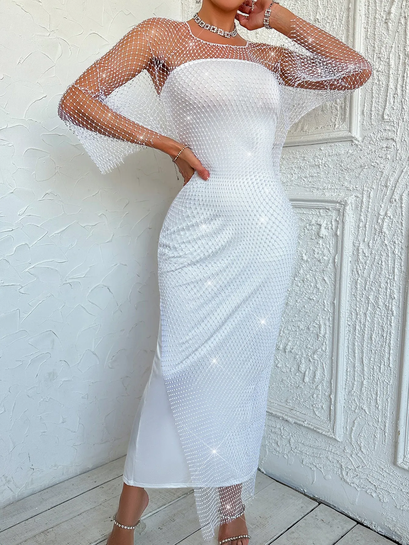 Girlary-shop android vs cyberborg dress to impress 2024 New Fishing Net Rhinestone Hand-Stitched Sexy Hollow Dress