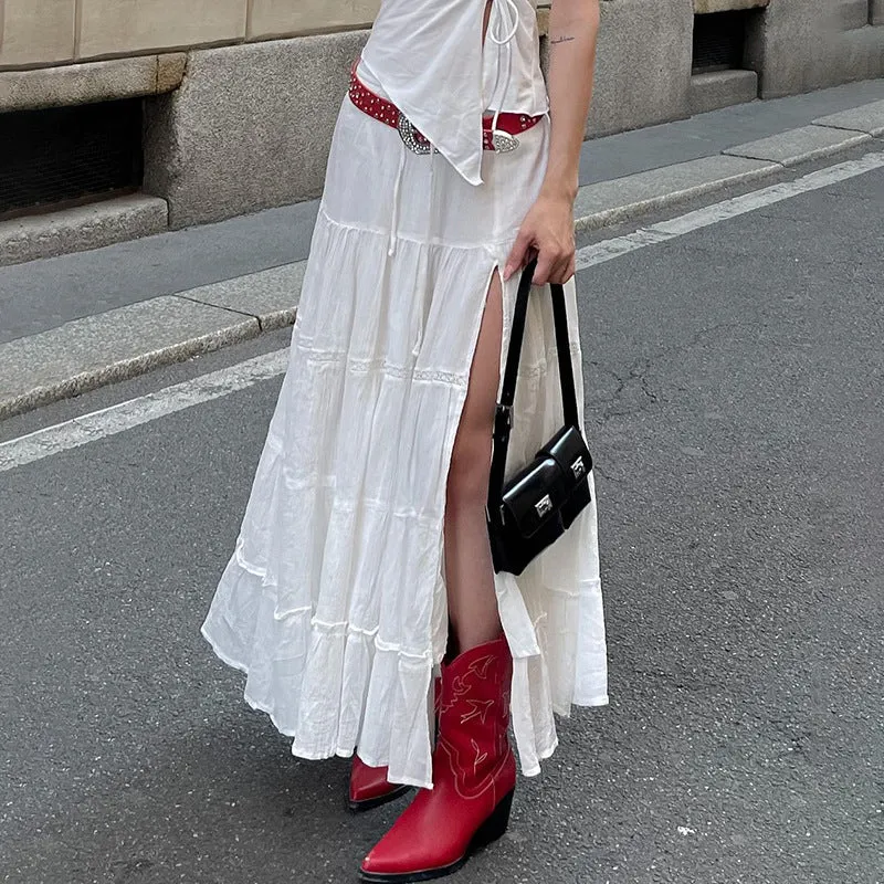 Girlary-shop church outfit American-Style White Side High Slit Skirt Women's Long Texture Distressed Cotton Drape A- line Skirt Sheath Dress