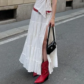 Girlary-shop church outfit American-Style White Side High Slit Skirt Women's Long Texture Distressed Cotton Drape A- line Skirt Sheath Dress