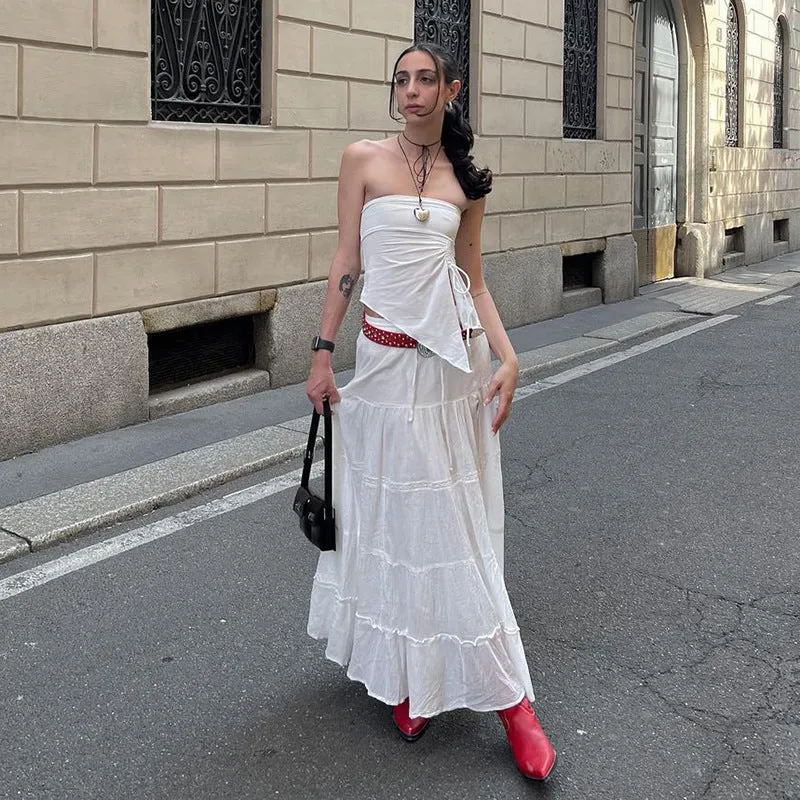 Girlary-shop church outfit American-Style White Side High Slit Skirt Women's Long Texture Distressed Cotton Drape A- line Skirt Sheath Dress