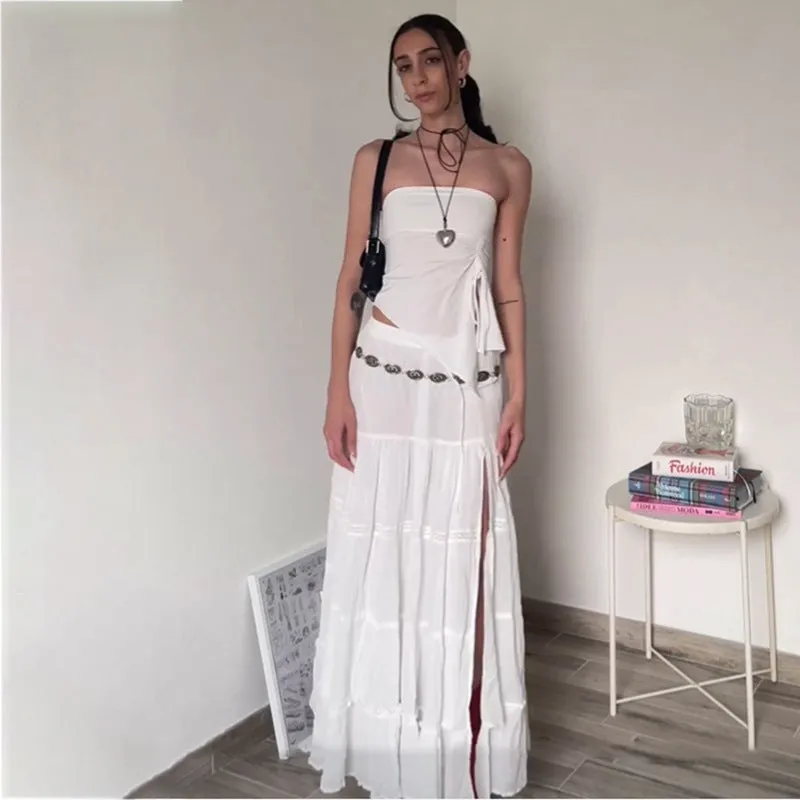 Girlary-shop church outfit American-Style White Side High Slit Skirt Women's Long Texture Distressed Cotton Drape A- line Skirt Sheath Dress