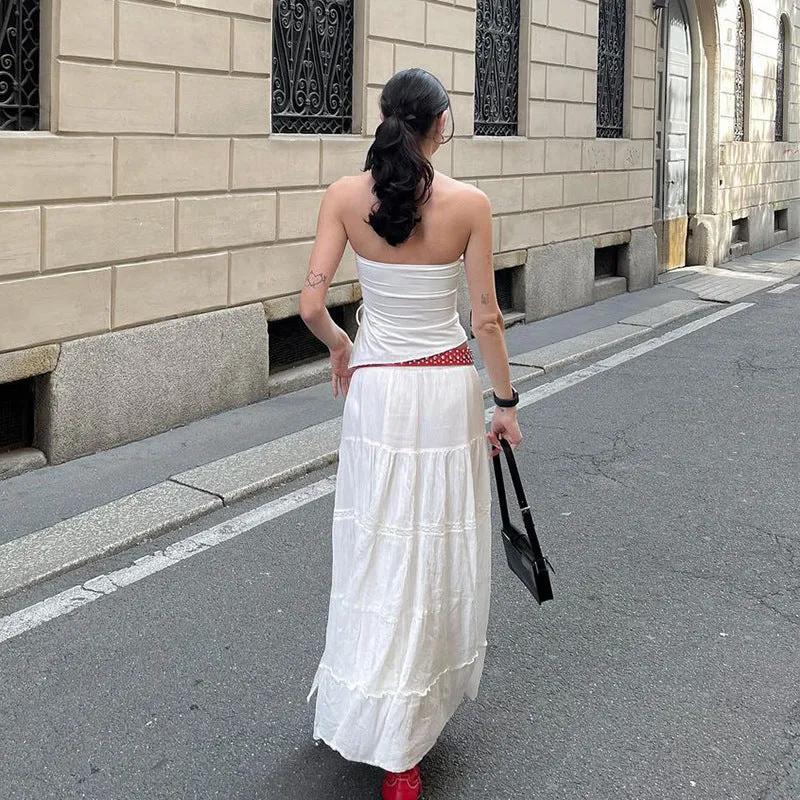 Girlary-shop church outfit American-Style White Side High Slit Skirt Women's Long Texture Distressed Cotton Drape A- line Skirt Sheath Dress