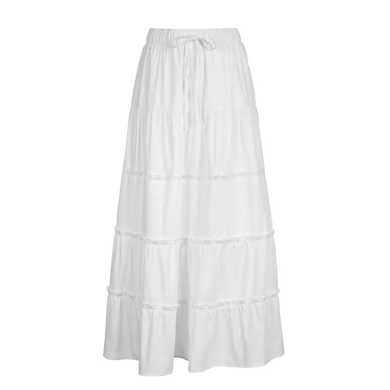 Girlary-shop church outfit American-Style White Side High Slit Skirt Women's Long Texture Distressed Cotton Drape A- line Skirt Sheath Dress