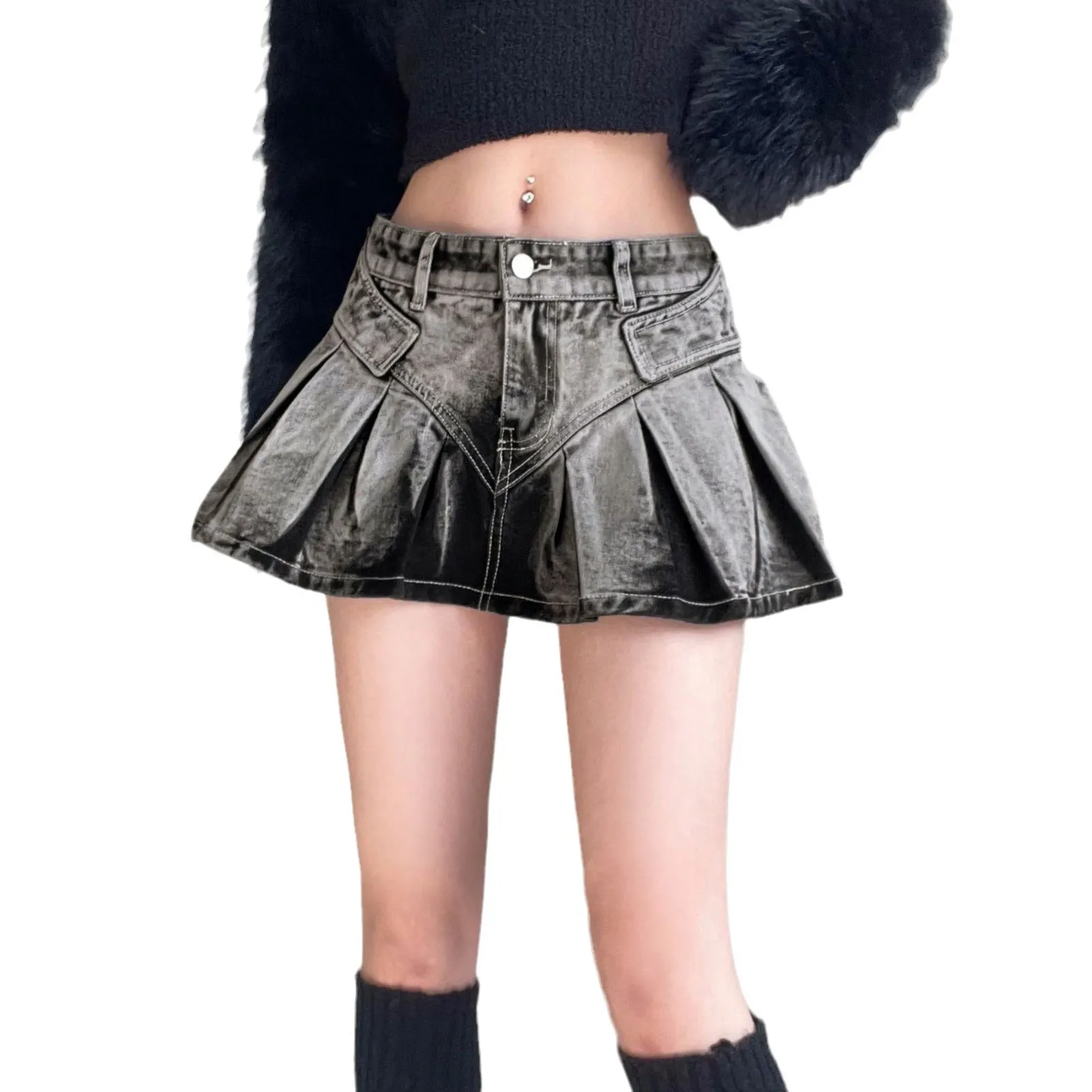 Girlary-shop concert outfit dress to impress Street American Washed Gradient Denim Skirt 2024 Spring and Summer New Hot Girl Sexy Pleated Skirt Women's Skirt