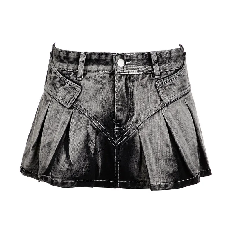 Girlary-shop concert outfit dress to impress Street American Washed Gradient Denim Skirt 2024 Spring and Summer New Hot Girl Sexy Pleated Skirt Women's Skirt