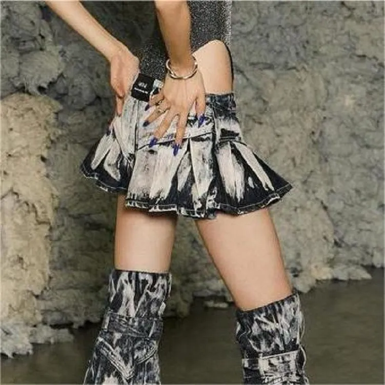 Girlary-shop concert outfit dress to impress Street American Washed Gradient Denim Skirt 2024 Spring and Summer New Hot Girl Sexy Pleated Skirt Women's Skirt
