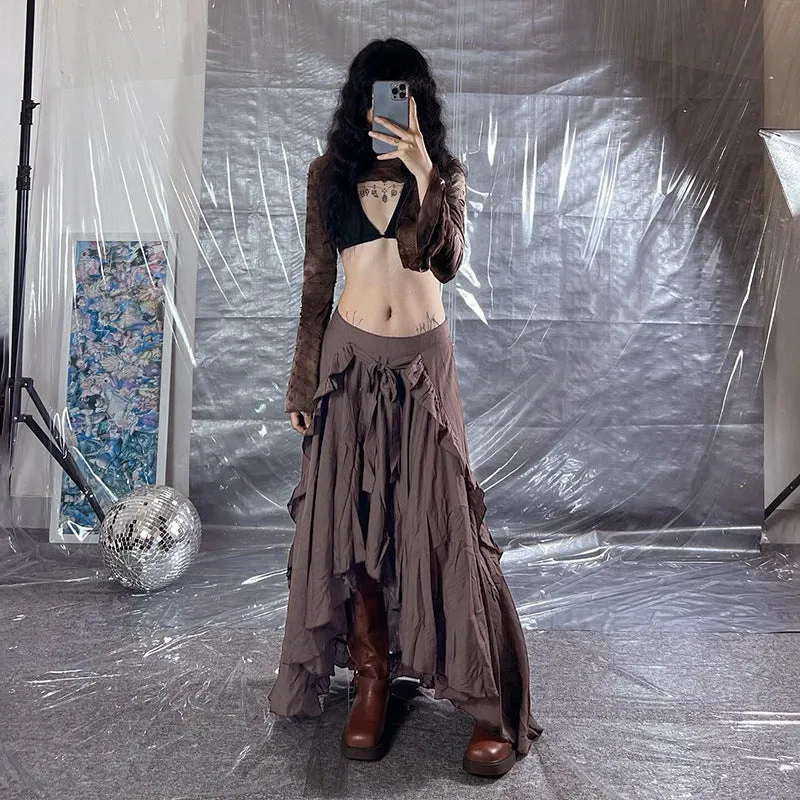 Girlary-shop dress to impress codes Retro Style Irregular Wooden Ear Design Long Skirt Women's Versatile New