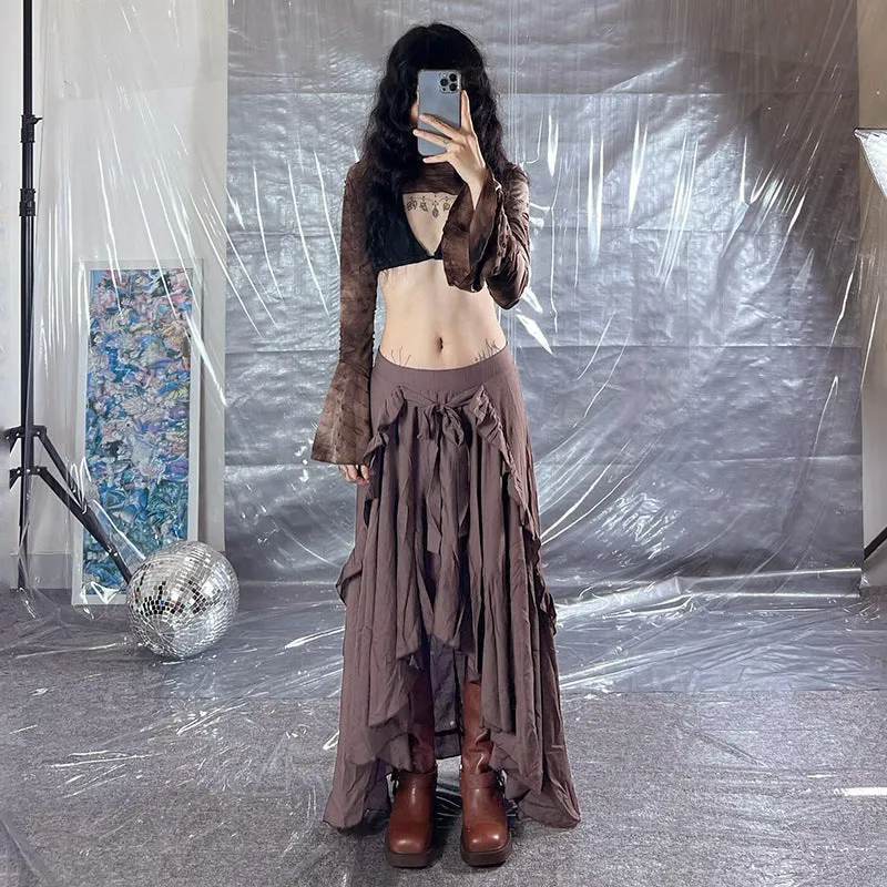 Girlary-shop dress to impress codes Retro Style Irregular Wooden Ear Design Long Skirt Women's Versatile New