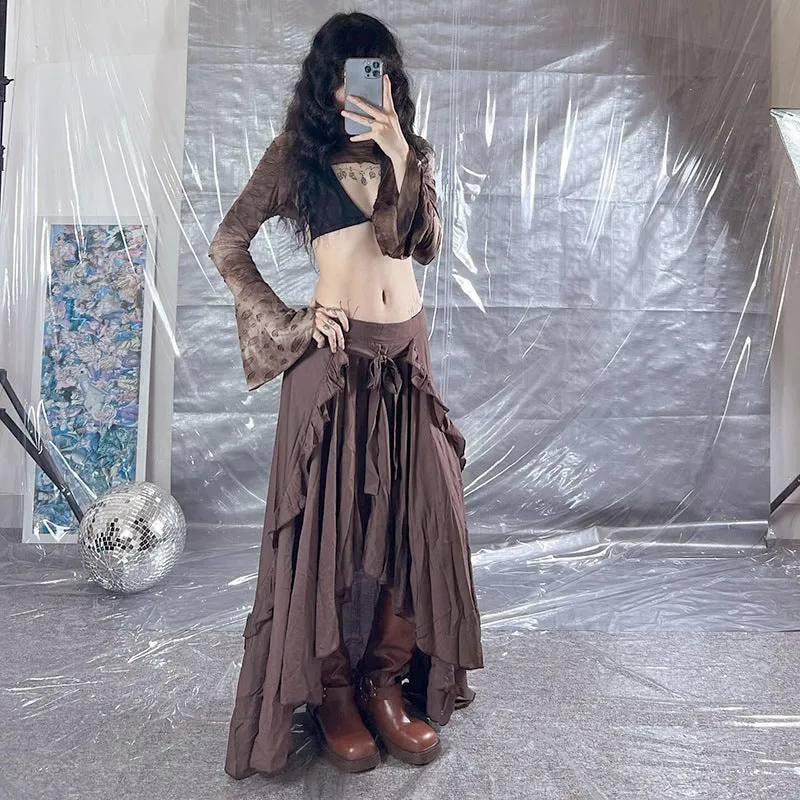Girlary-shop dress to impress codes Retro Style Irregular Wooden Ear Design Long Skirt Women's Versatile New