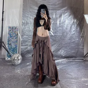 Girlary-shop dress to impress codes Retro Style Irregular Wooden Ear Design Long Skirt Women's Versatile New