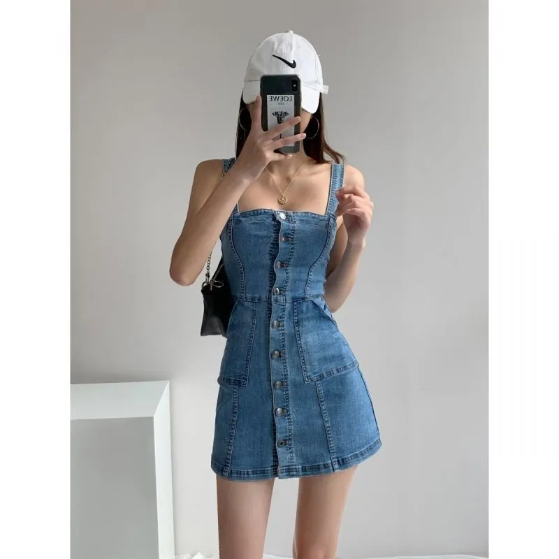 Girlary-shop dress to impress outfits Style Ins Retro Denim Dress Women's Summer Slimming Suspender Skirt Sexy Tight Waist Suspender Hip Skirt Fashion