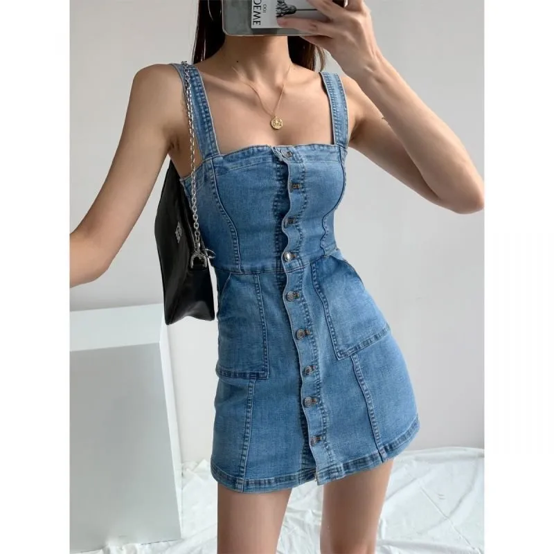 Girlary-shop dress to impress outfits Style Ins Retro Denim Dress Women's Summer Slimming Suspender Skirt Sexy Tight Waist Suspender Hip Skirt Fashion