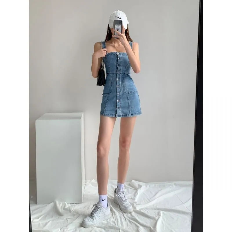 Girlary-shop dress to impress outfits Style Ins Retro Denim Dress Women's Summer Slimming Suspender Skirt Sexy Tight Waist Suspender Hip Skirt Fashion