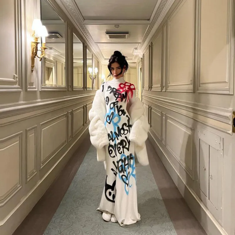 Girlary-shop fall outfits black women Hot Girl New round Neck Long Sleeve Graffiti Letter Print Slim Long Dress
