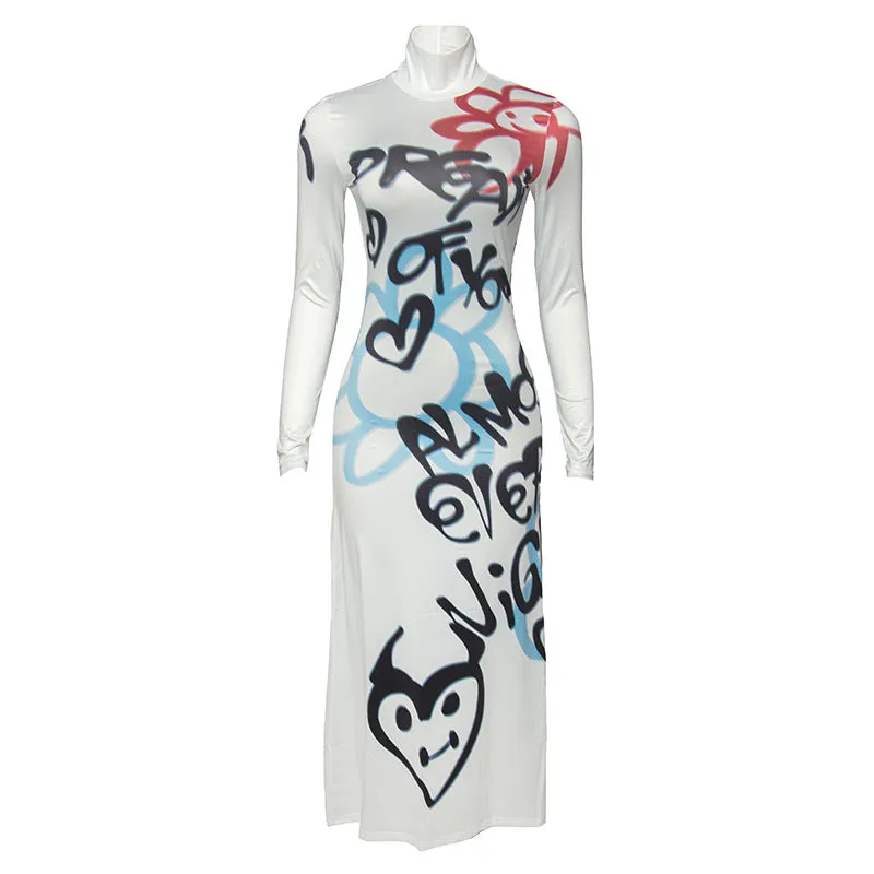 Girlary-shop fall outfits black women Hot Girl New round Neck Long Sleeve Graffiti Letter Print Slim Long Dress