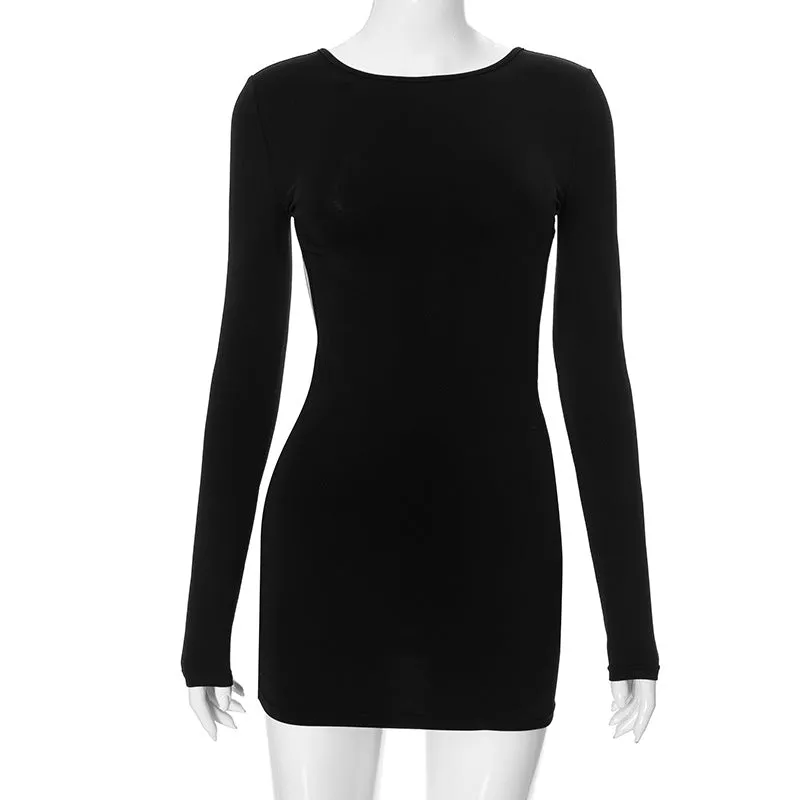 Girlary-shop fall outfits black women Women's Clothing Summer New Solid Color Long Sleeve Sexy Backless Slim Sheath Short Dress