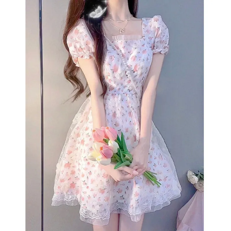 Girlary-shop harajuku dress to impress French Milk Sweet Floral Princess Dress Waist-Tight Chic First Love Gentle Style Puff Sleeve Fluffy Dress Summer